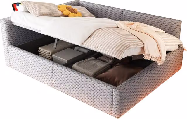 Letto matrimoniale imbottito con contenitore idraulico e illuminazione LED, porte USB e Type-C, colore grigio, L/P/H: 140 x 200 x 147,5 cm