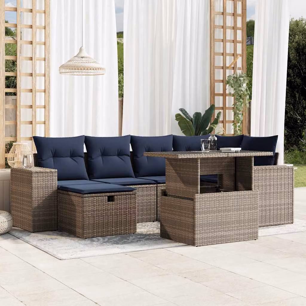 Set di divani da giardino vidaXL in polyrattan con cuscini, 7 pezzi, colore grigio