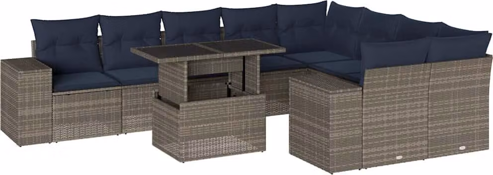 Set Divani da Giardino 10 pz con Cuscini Grigio in Polyrattan