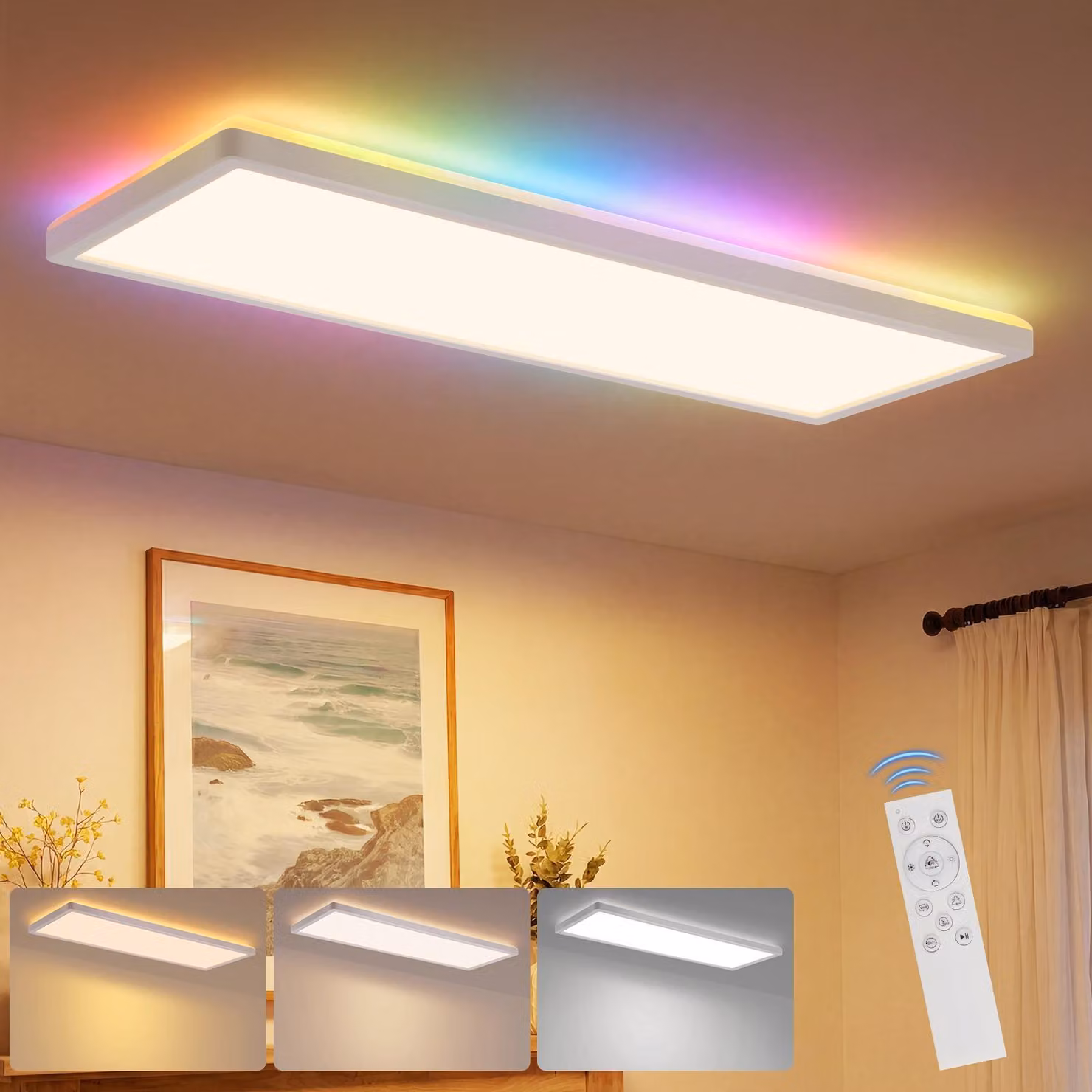 Pannello LED ZMH 58x20 RGB, plafoniera dimmerabile, luce diurna a lunga durata, retroilluminazione, cambio colore, lampada da ufficio, plafoniera piatta per ufficio, 22W, adatta per officine, colore bianco