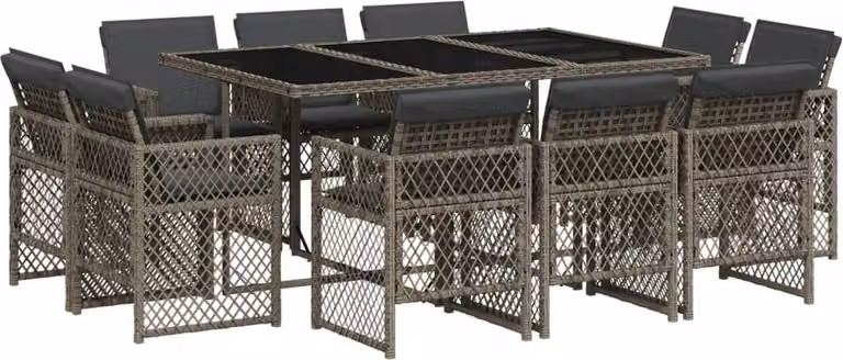 Set da Pranzo da Giardino 11pz con Cuscini in Polyrattan Grigio
