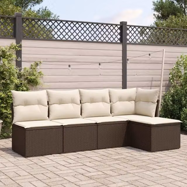 Set Divano da Giardino 5 pz con Cuscini-Sofa da Giardino-Divanetto da esterno Marrone in Polyrattan 216010