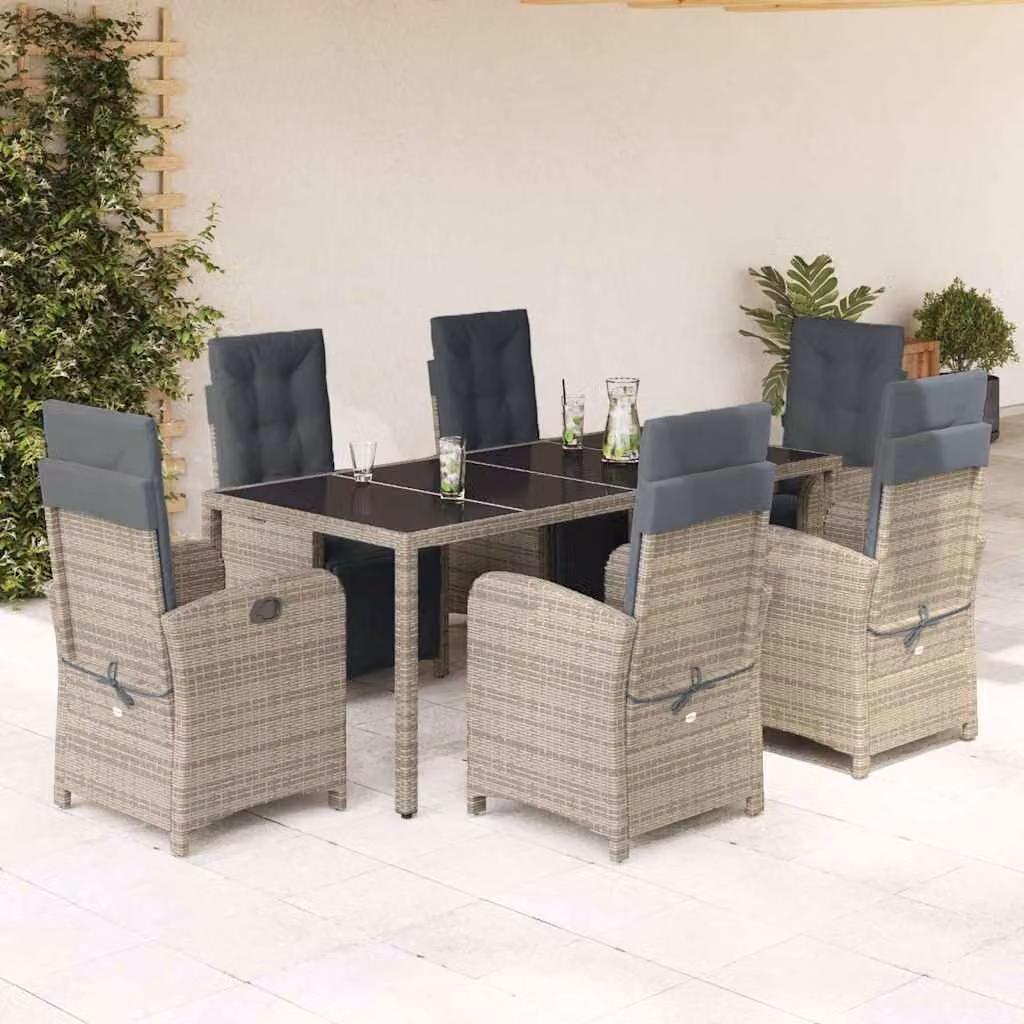 Set da Pranzo da Giardino vidaXL 7 pz in Polyrattan Grigio e Nero con Cuscini e Piano in Vetro