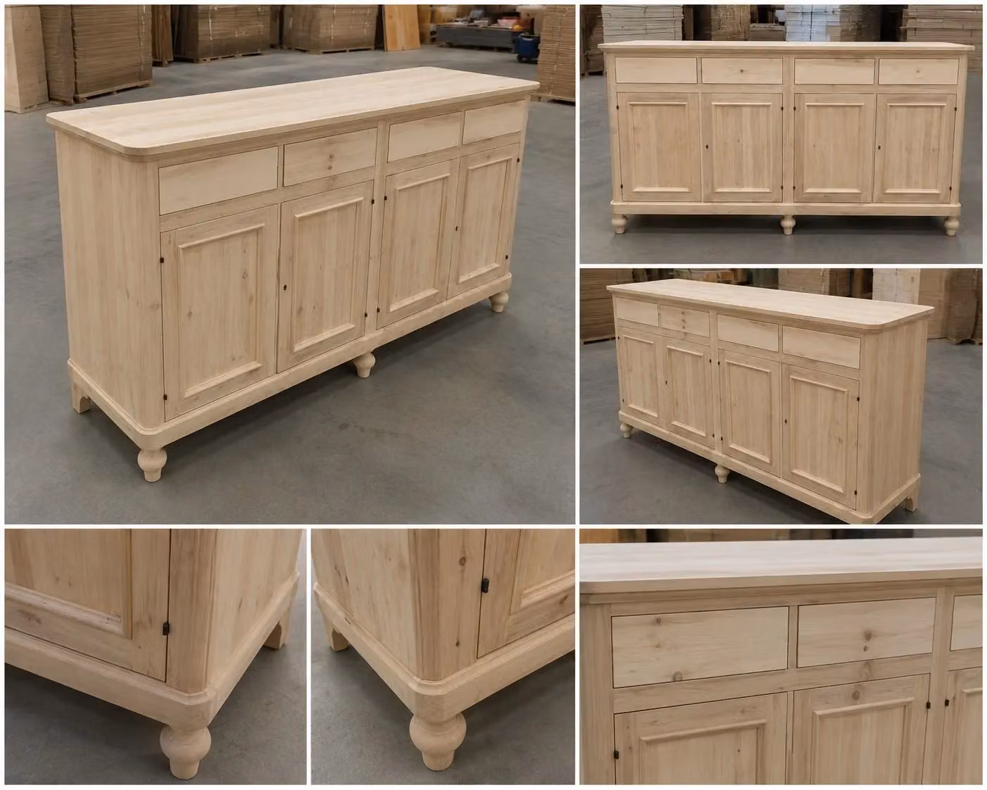 Credenza Mobili 2G in legno di pioppo grezzo con 4 porte e 4 cassetti L: 198 cm, P: 50 cm, H: 107 cm – 2
