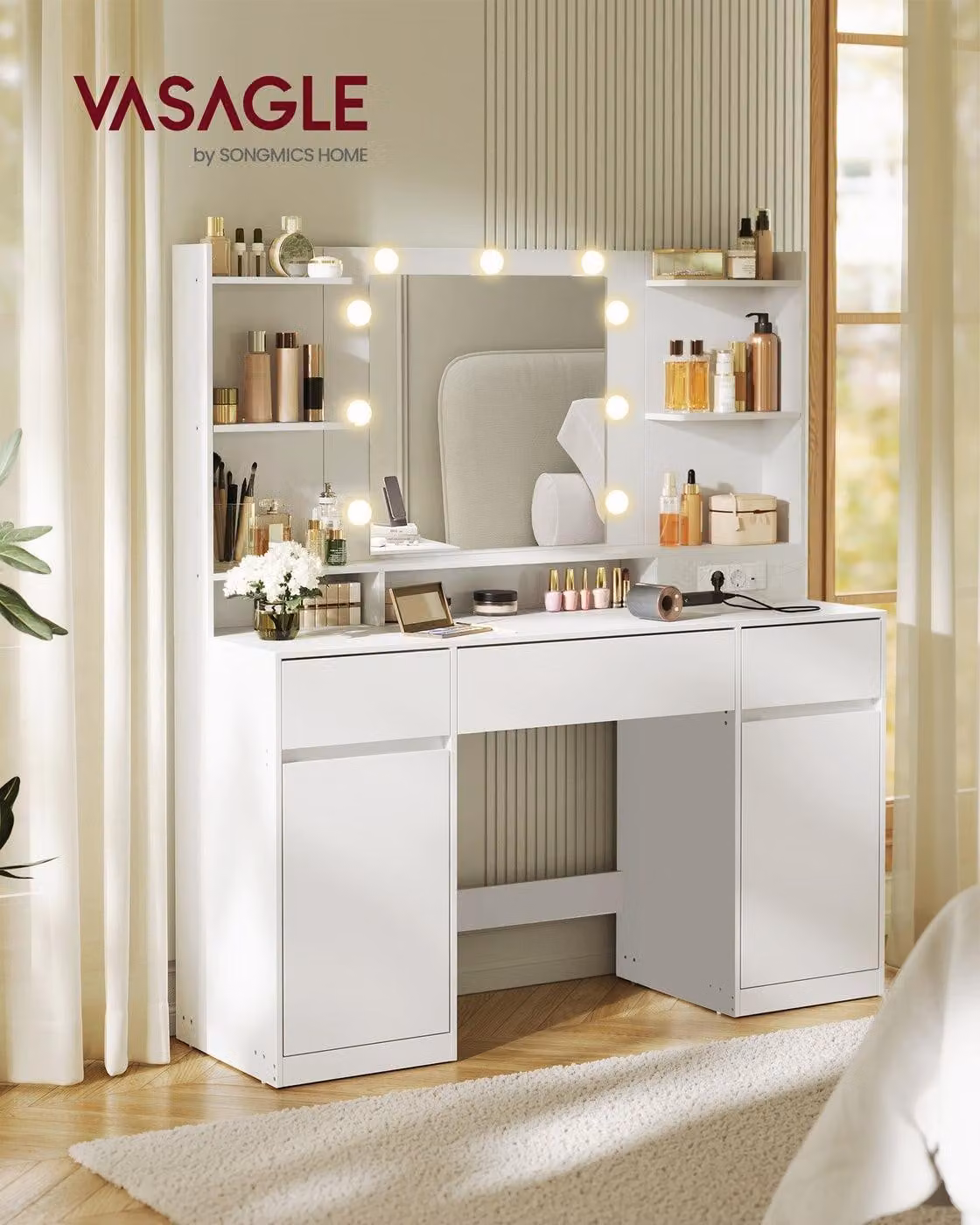 Comò da trucco con specchio e illuminazione a LED | Bianco "Wolke" | 107x40x144 cm