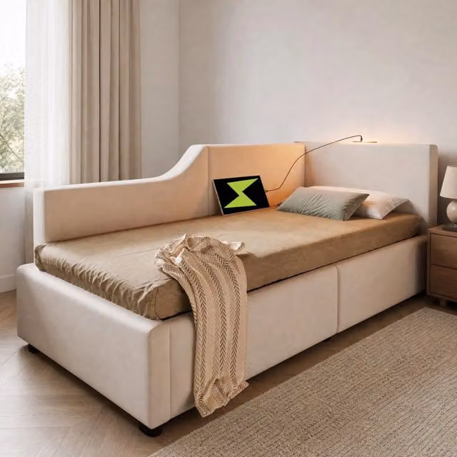 Letto singolo daybed 90 × 190 cm contenitore in velluto beige con luce da lettura e ricarica USB-C