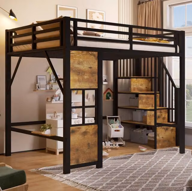 Letto a soppalco ULEVR 140x200 cm con scala contenitore, spazio aperto sottostante e ripiano laterale, nero