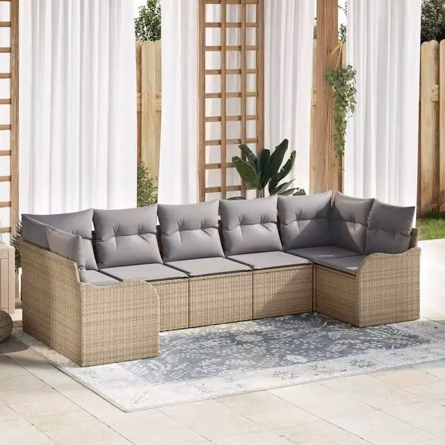 vidaXL Set Divano da Giardino 7 pz a L in Poly Rattan beige e grigio con Cuscini