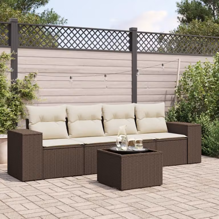vidaXL Set Divano da Giardino 5 pz in Polyrattan Marrone con Cuscini e Tavolino