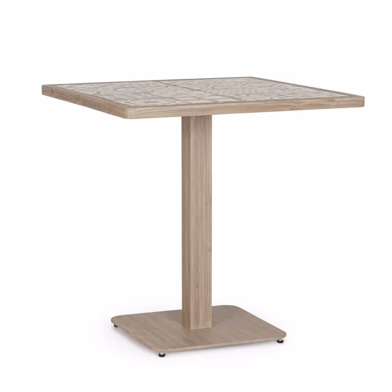 Tavolo da giardino ALVOR beige e azzurro con piano in porcellana decorata e struttura in alluminio effetto legno