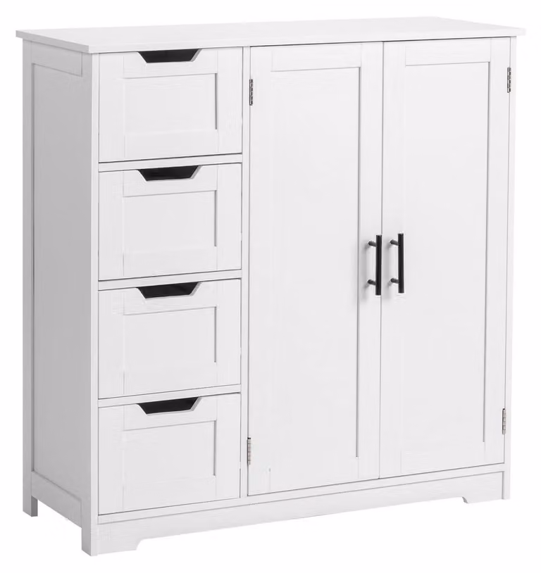 Mobiletto da cucina con vetrina, dotato di 4 cassetti e 2 ante, colore bianco