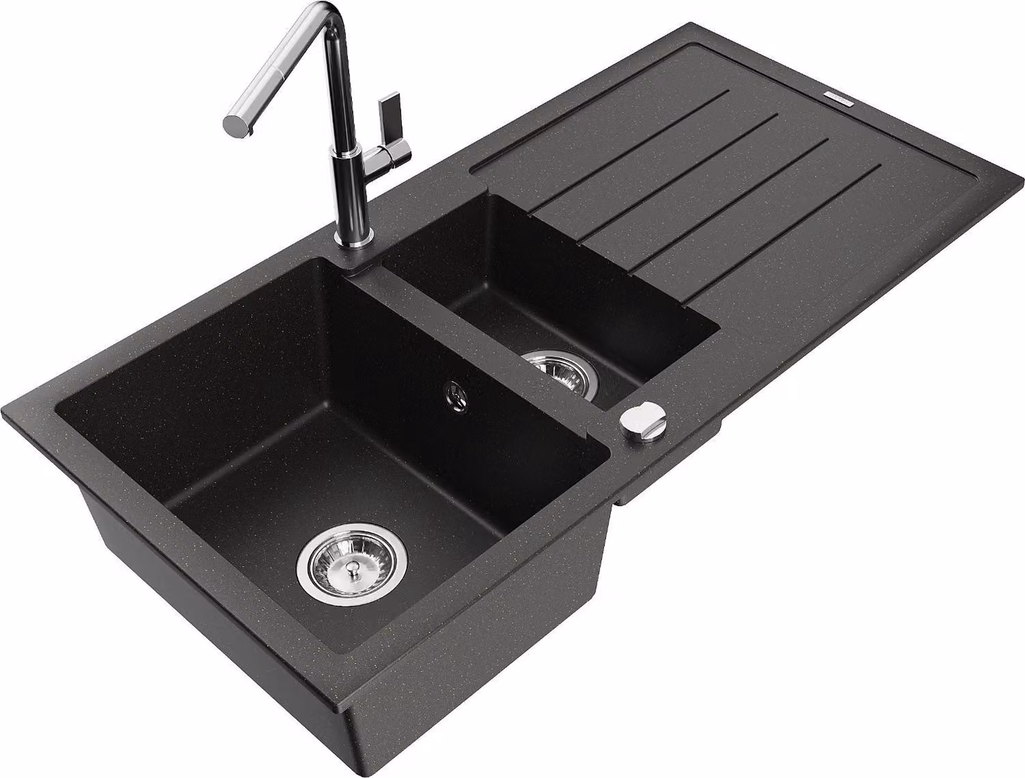 Mexen Andres lavello in granito a 1,5 vasche con scolapiatti e rubinetto da cucina Flora, nero/oro metallizzato