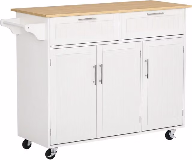 Carrello da Cucina Multiuso in Legno con 2 Cassetti, 3 Antine e 4 Ruote 121x46x91cm - Bianco