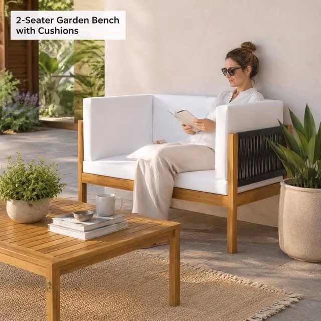 2-seater Garden Bench With Cushions Made Of Acacia Wood And Rope