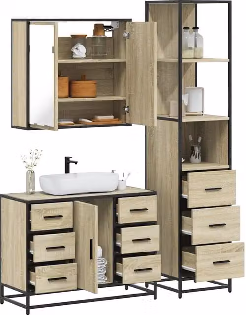 Set di mobili da bagno industrial vidaXL in legno e metallo marrone composto da armadietto con specchio, mobile lavabo e colonna alta con illuminazione LED