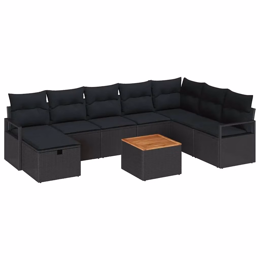 Set Divano da Giardino Moderno vidaXL 9 Pezzi Nero con Cuscini e Tavolino da Caffè in Polyrattan e Acciaio – 2