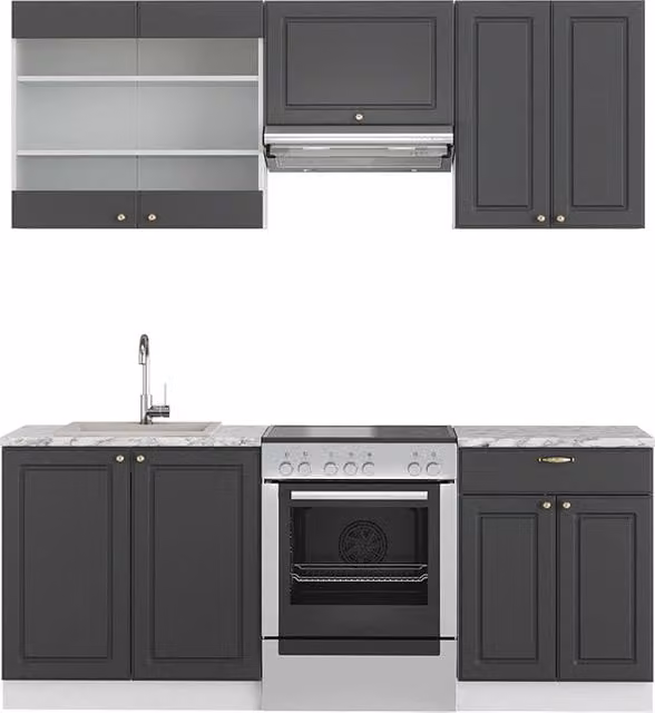 Cucina componibile moderna Fame-Line Vicco, colore antracite, oro e bianco, L: 200 cm – 1