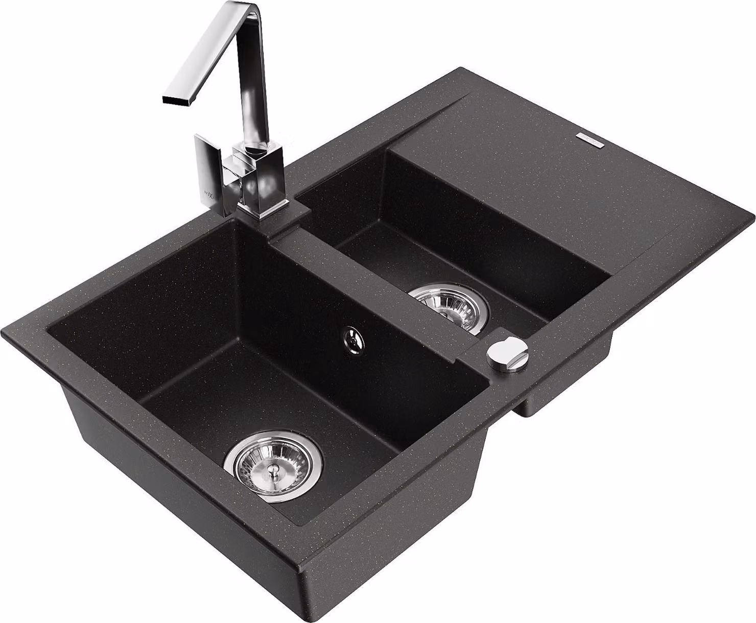 Mexen Gaspar lavello in granito 1,5 vasche con scolapiatti e rubinetto da cucina Rita, nero/oro - 6507-75-670300-00