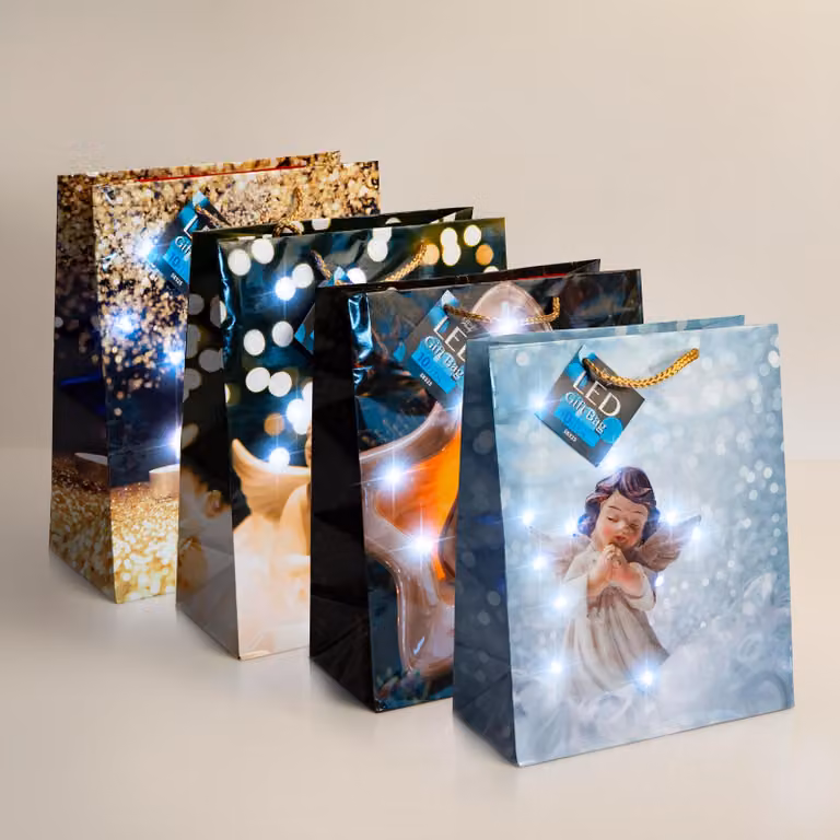 Borsa regalo - 10 LED bianchi freddi, materiale: carta - dimensioni: 265 x 127 x 330 mm - 4 modelli diversi / confezione, confezione da 12 pezzi