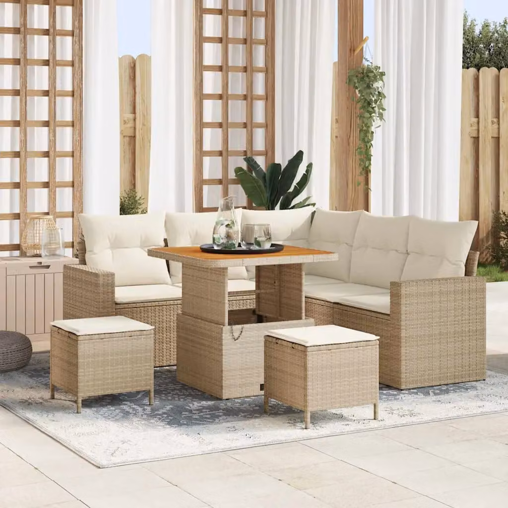 Set Divano da Giardino vidaXL 8 Pezzi in Polyrattan Beige con Cuscini e Tavolino da Esterno a Forma di L – 1