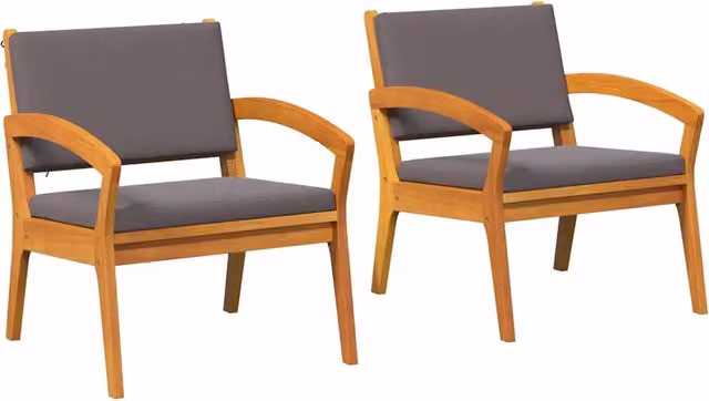 Set di 2 sedie da giardino moderne in legno di acacia massello oliato con cuscini in tessuto, colore marrone e grigio, con braccioli