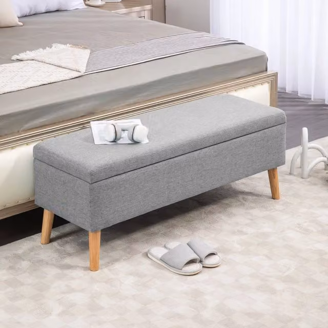 Sitzbank imbottita con contenitore WISHDOR in tessuto grigio effetto lino e struttura in legno L: 120 cm, P: 39 cm, H: 45 cm