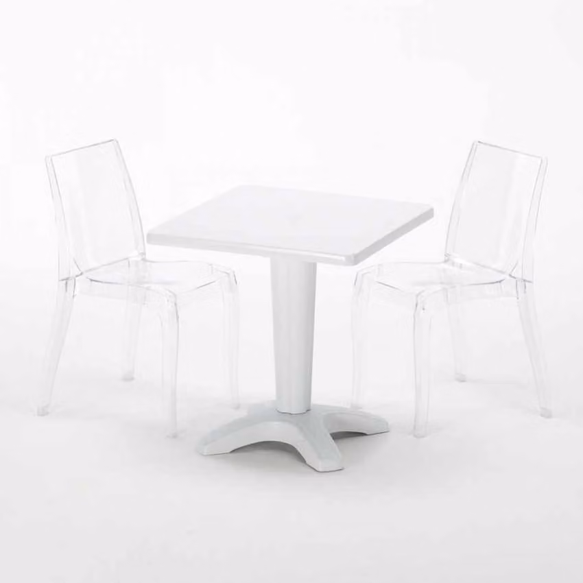 Tavolo quadrato bianco e 2 sedie Set di aste per interni in polipropilene colorato Grand Soleil Cristal Light Terrace - Trasparente