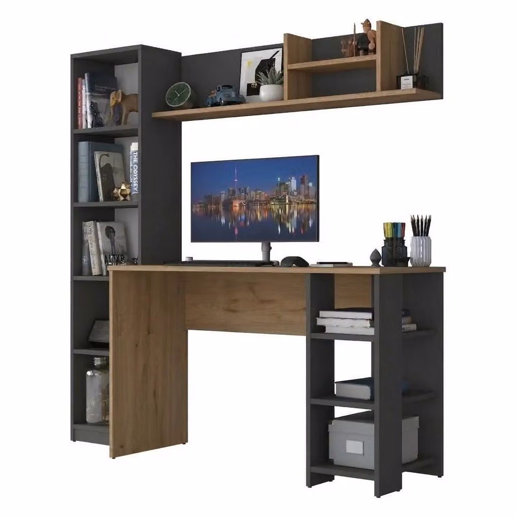 Scrivania moderna DMORA in legno color rovere con 9 ripiani, L: 160 cm, P: 45 cm, H: 162 cm – 2