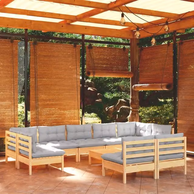 Set Divani da Giardino 10 pz con Cuscini Grigi Massello di Pino 3097204