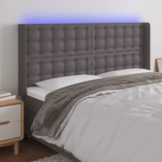 Testiera per letto con illuminazione LED e porta di ricarica USB vidaXL in similpelle grigia, L 163 cm x P 16 cm x H 118/128 cm