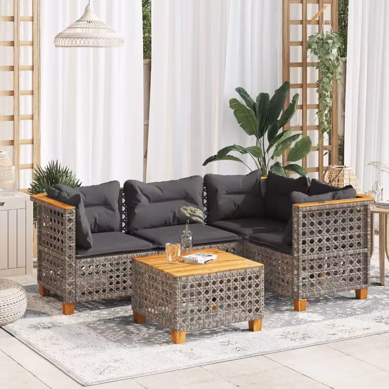 vidaXL Set Divano da Giardino 5 pz a Forma di L in Polyrattan Grigio con Cuscini e Tavolino