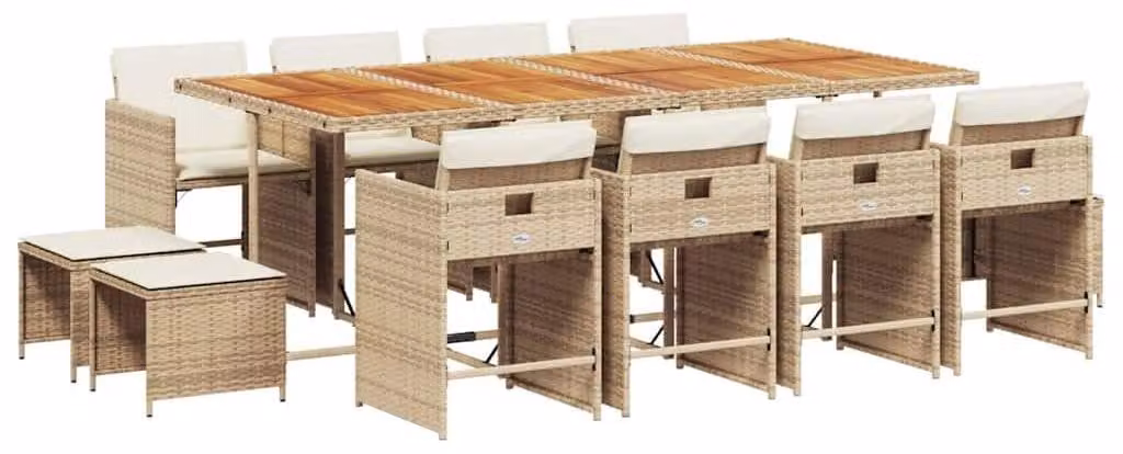 Set da giardino in rattan sintetico, 13 pezzi - Sedie pieghevoli con cuscini - Colore beige - Ideale per terrazza e balcone