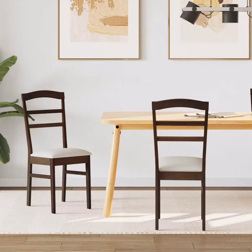 Set di 2 sedie da pranzo in legno di gomma con rivestimento in tessuto marrone per cucina e soggiorno – 2