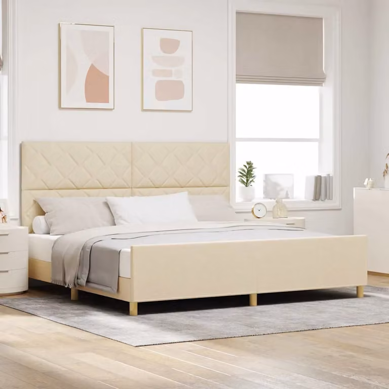 Struttura del letto con testiera moderna vidaXL in tessuto beige e legno, L/P/H: 200 x 200 x 128 cm