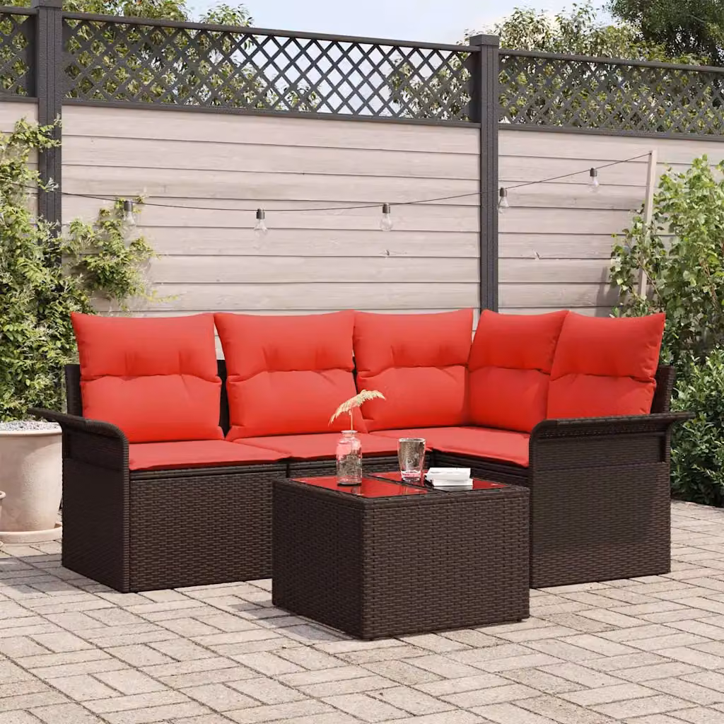 Set Divano da Giardino vidaXL 5 pz a Forma a L con Tavolino, Colore Marrone e Rosso, Struttura in Metallo e Polyrattan con Cuscini Rimovibili