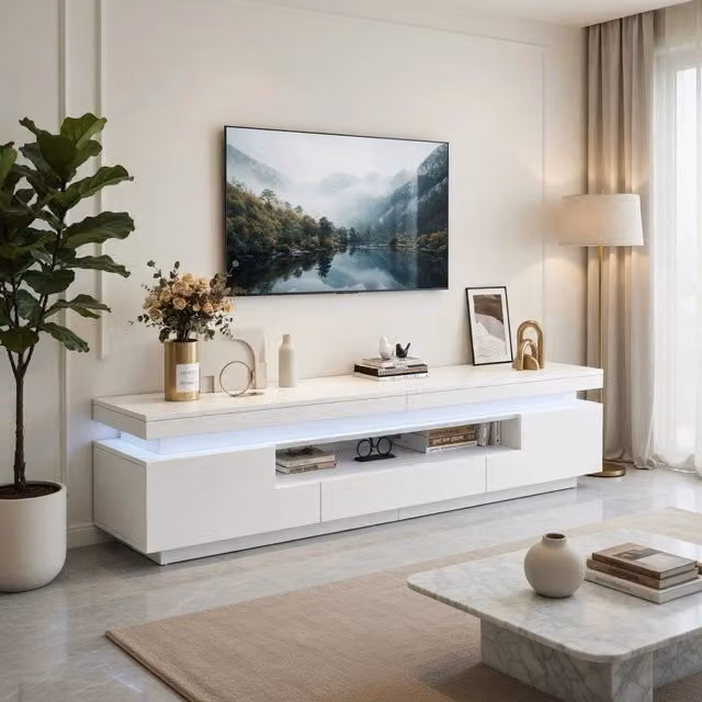 Cassettiera TV moderna KOMHTOM bianca in truciolare lucido con illuminazione integrata L: 175 cm, P: 38 cm, H: 45 cm