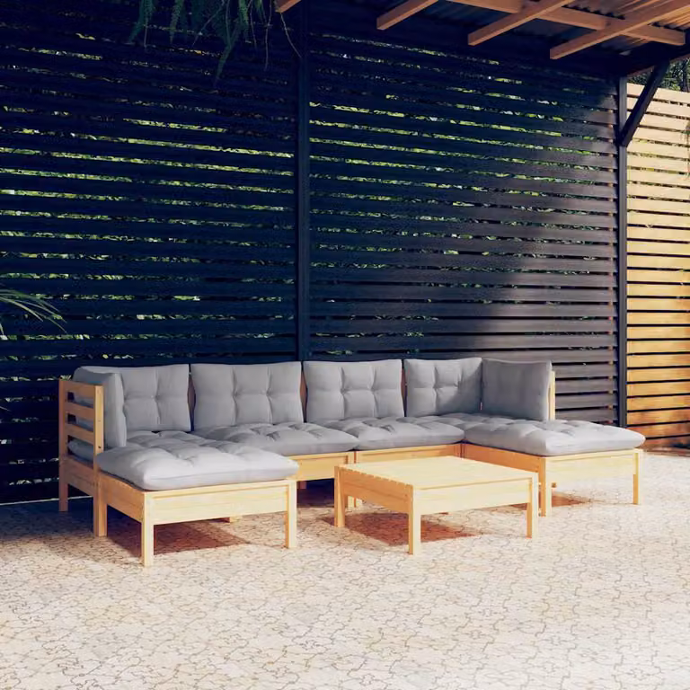 Set Divani da Giardino vidaXL 7 pz in Legno di Pino Massello con Cuscini Grigi e Pouf a Forma di L