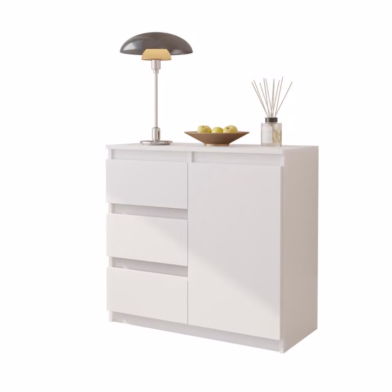 MIKEL - Cassettiera / credenza con 3 cassetti e 1 anta - Bianco opaco H75cm L80cm P35cm