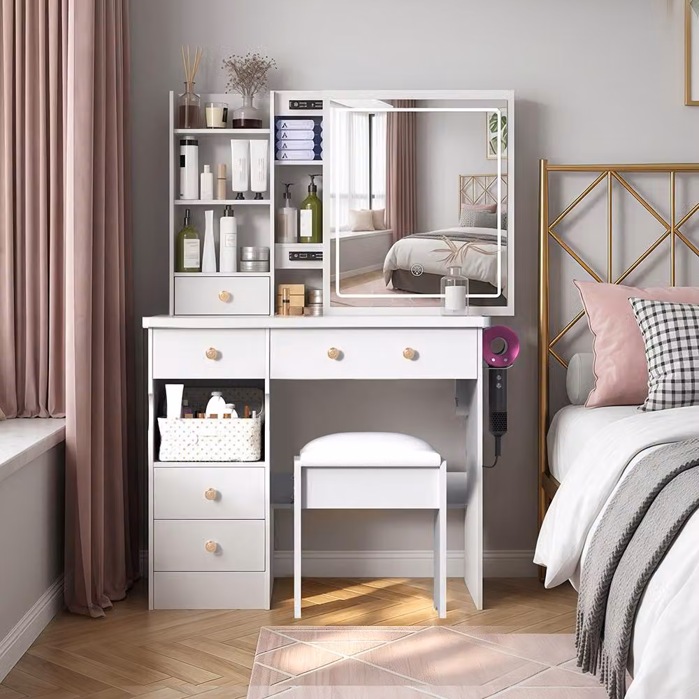 Toeletta con sgabello e illuminazione a LED, tavolo da trucco con specchio scorrevole, prese di corrente e USB, 5 cassetti, ampio spazio contenitivo, bianco 90x40x135 cm