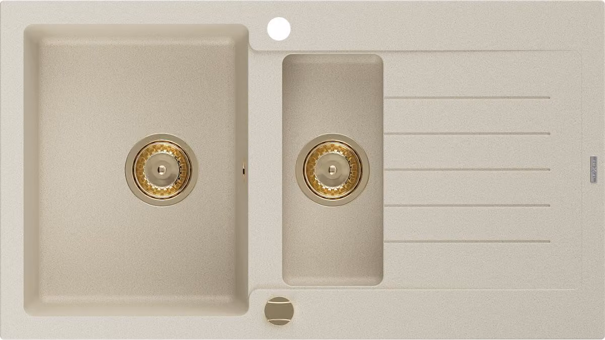 Mexen Matias lavello in granito 1,5 vasche con gocciolatoio 900 x 505 mm, beige, sifone dorato - 6502901505-69-G