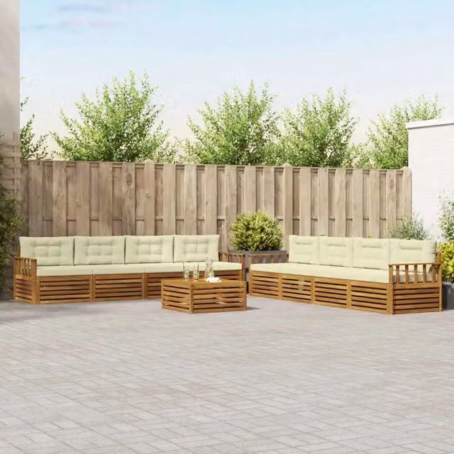 Set di divani da esterno vidaXL a forma di U composto da 9 pezzi con tavolo da caffè, in legno di acacia trattato e tessuto beige e marrone