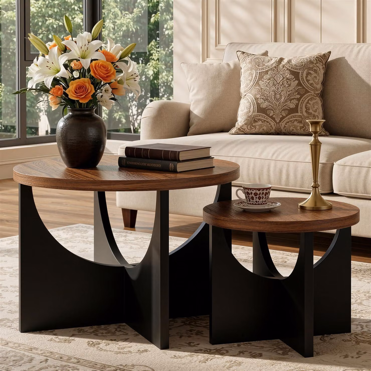 Tavolino DE-BJ-HT1, set di 2 tavolini, 60 x 60 x 45 cm, nero/marrone