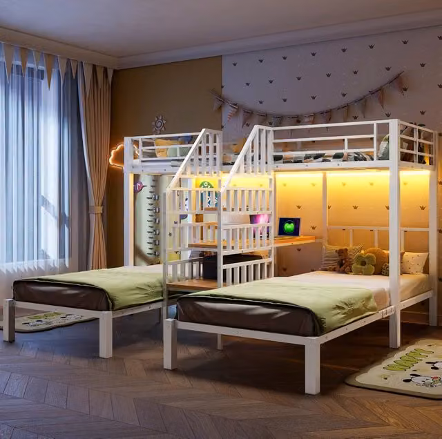 Letto a castello ULEVR 90x200 cm a 3 posti con LED, scrivania, scala contenitore, 2 USB e presa, bianco