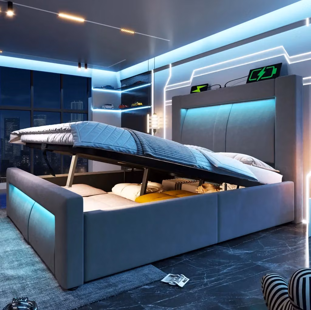 Letto singolo con contenitore MODFU in velluto grigio con illuminazione LED e porte USB e Type-C, L/P/H: 90 x 200 cm – 2