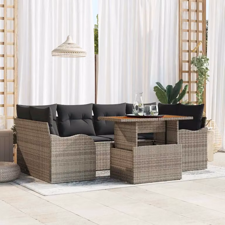 Set Divano da Giardino vidaXL 7 Pezzi Grigio con Cuscini e Tavolino da Esterno in Rattan e Metallo