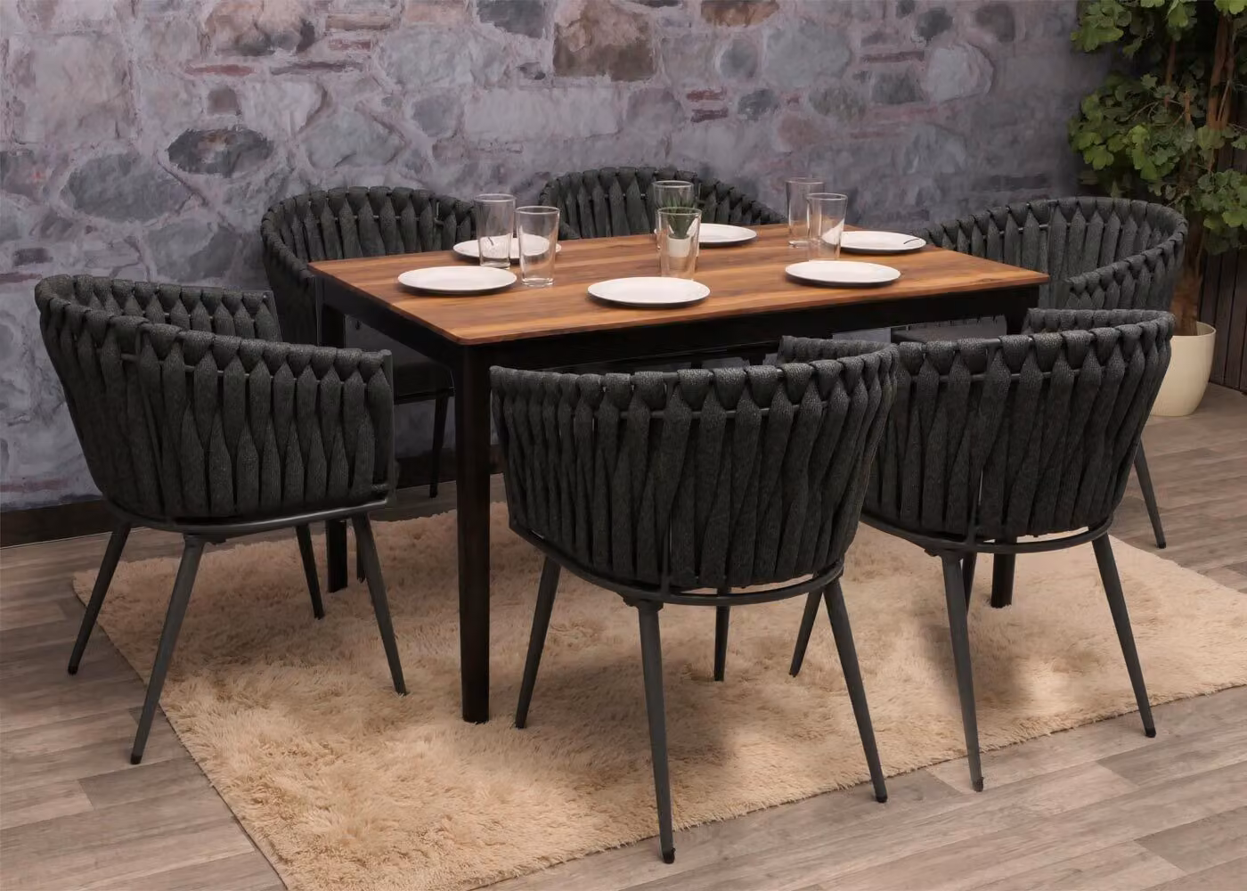 set di 6 sedie da pranzo in alluminio HWC-N38, braccioli per sedie da interno, intreccio in corda di olefina Corda ~ antracite Cuscino grigio scuro