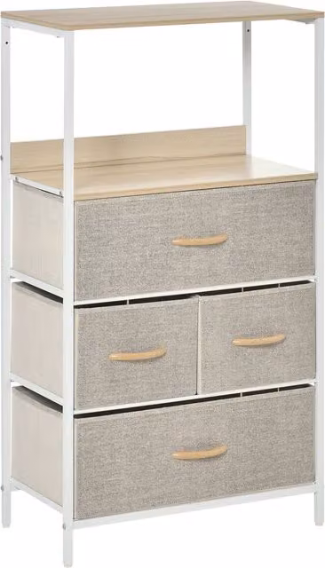 Cassettiera HOMCOM per abbigliamento con 4 cassetti estraibili e 1 ripiano, Grigio Bianco, L: 58 cm, P: 29 cm, H: 103 cm