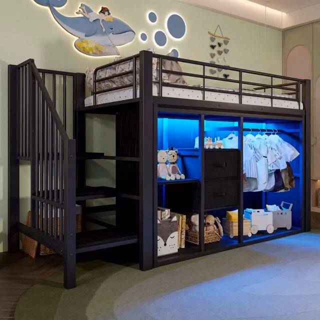 Letto a soppalco MIVRAY nero con 2 cassetti, appendiabiti aperto, scala e illuminazione LED controllabile tramite app, L/P/H: 200 x 90 x 255 cm
