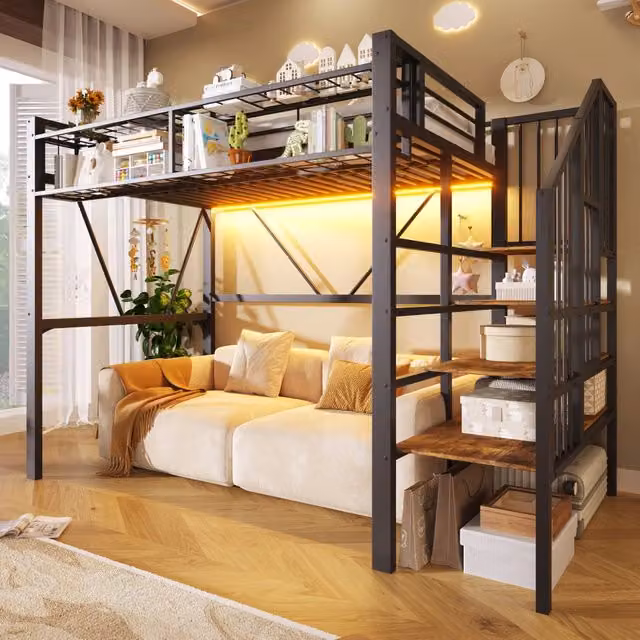 Letto a soppalco 90 × 200 cm con scaffale a gradini, ripiani a griglia, LED regolabile, senza materasso, nero
