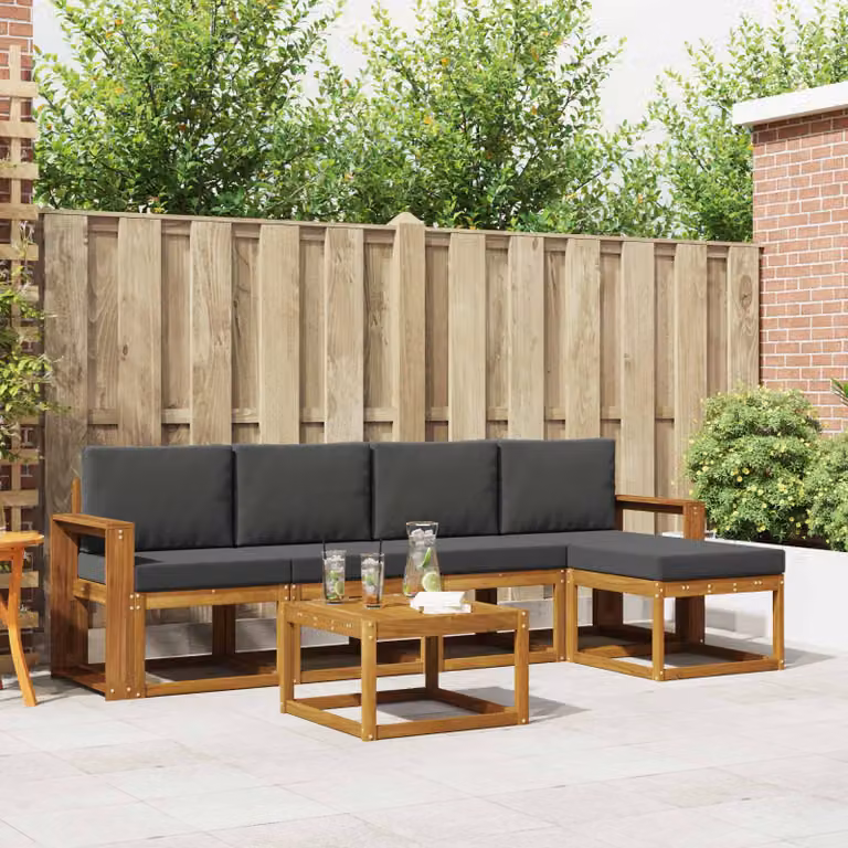 Set di divani da esterno vidaXL a forma di L in legno di acacia con tavolino e pouf, Beige e Antracite